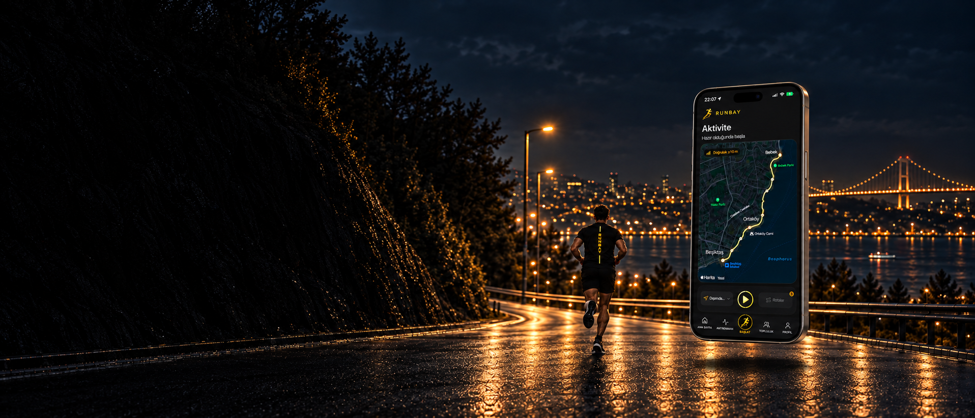 Boğaz manzarasında koşucu ve Runbay GPS ekranını gösteren telefon